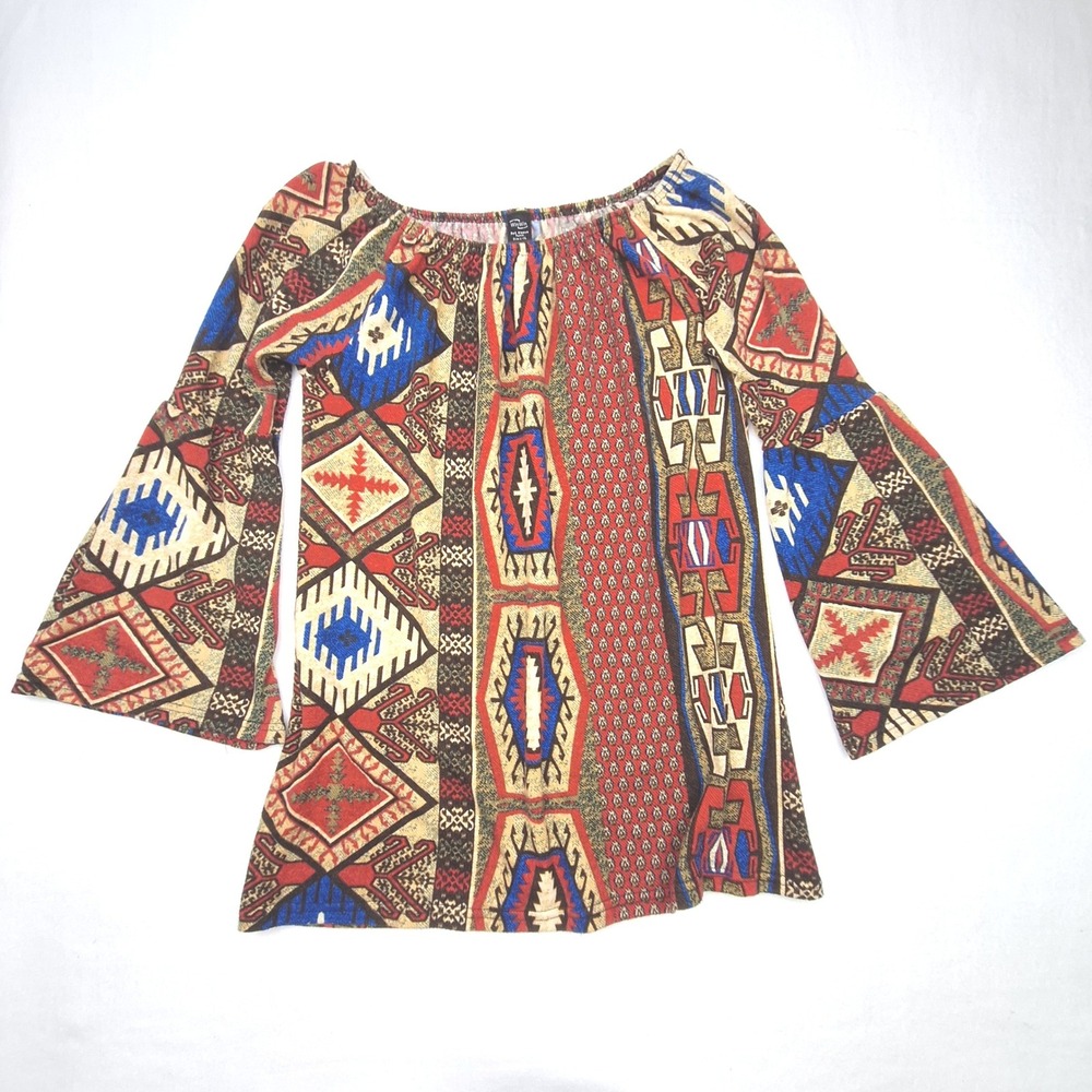 WinWin Bell Sleeve Tunic Womens L-XL Multicolor Geometric Southwestern Boho Top